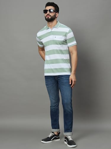 Image of UNIBERRY Men's Cotton Blend Regular Fit Polo Collar Striper T Shirt Has A Short Sleeves & Pocket On Chest-MT3-LG XL Light Green