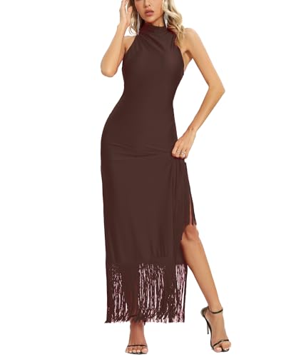 Image of Aigeman Women Vintage Flapper Dresses 1920s Great Gatsby Halter Fringed Maxi Dress Tassels High Split Formal Dress 19