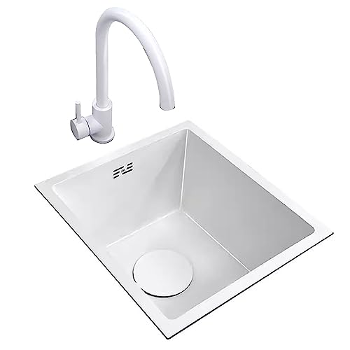 Fregadero de cocina de acero inoxidable blanco con grifo, fregadero de bar pequeño y accesorios incluidos, 45 x 30 x 20 cm