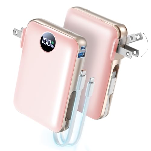 Sucrosey Portable Charger with Built-in Cables & Wall Plug, 50000mAh Power Bank, 4 Outputs 22.5W USB C Fast Charging, Slim Travel Battery Pack with LED Display for iPhone 17/16/15/14, Rosegold