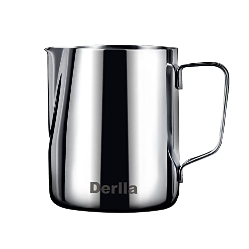 Derlla Milchkännchen Edelstahl Milchkanne, Barista Zubehör, Kaffee Zubehör, Espresso Zubehör, food Grade 304 Edelstahl, 350ml Kaffee Milchkännchen mit Messmarken für Cappuccino Espresso Cover