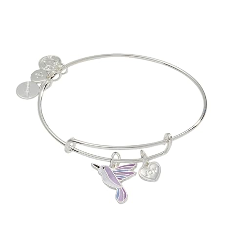 Alex and Ani Joy Hummingbird Charm Bangle Bracelet, Shiny Silver Finish with a Pastel Purple Hummingbird Charm, 2 to 3.5in