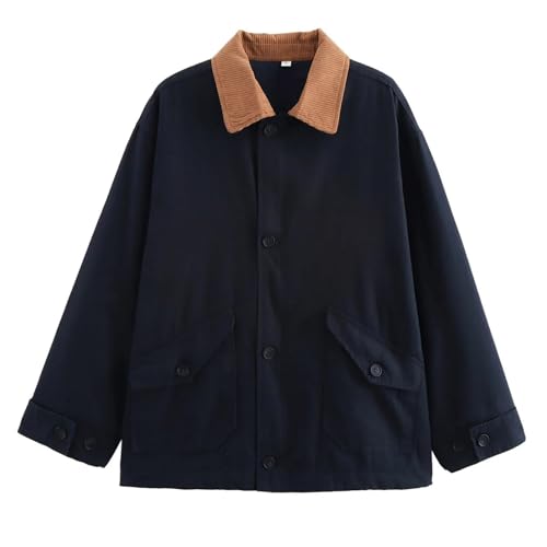 Chaqueta Mujer Invierno Chaqueta acolchada informal mujer abrigo ligero con solapa suelta y manga larga (Navy, L)
