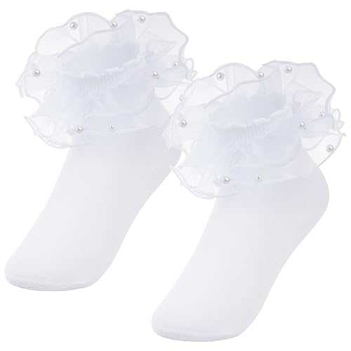 Pistha 2 Pack Girls Ruffle Lace Socks Novelty Pearls Frilly Dress Fancy Ruffled Socks for Toddler Little Girls White 4-6years