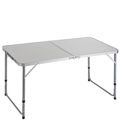 Mesa Plegable Camping y Playa 120x60x70 cm, Atura Regulable 50-60-70 cm, Mesa Picnic portátil con asa Transporte, Patas Plegables Acero, Tablero MDF Aspecto Madera Nogal, Gris, antivuelco y compacta.