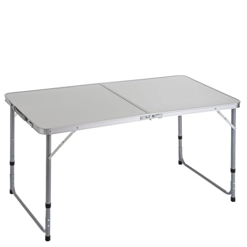 Mesa plegable camping y playa 120x60x70 cm, atura regulable 50-60-70 cm, mesa picnic portátil con asa transporte, patas plegables acero, tablero MDF aspecto madera nogal, gris, antivuelco y compacta.