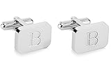 18K White-Gold Plated Initial Engraved Stainless Steel Men’s Cufflinks With Gift Box -Personalized Alphabet Letter’s A-Z By Lux & Pair (B- White Gold)