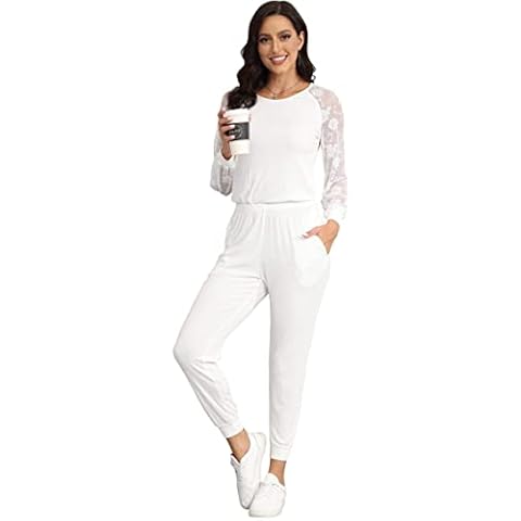 BUENOS NINOS Jumpsuits For Women Long Lace Sleeves Knitted Elastic Fabric One Piece Jumpsuit Rompers for Women With Pockets L Lace White Jumpsuit Cover