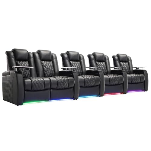 Image of Weilianda Home Theater Seating, Top Grain Leather Movie Theater Chair | Black Row of 5 Loveseat Left, Zero Gravity, Power Headrest, Tray Table, Electric Reclining Seat for Media Room