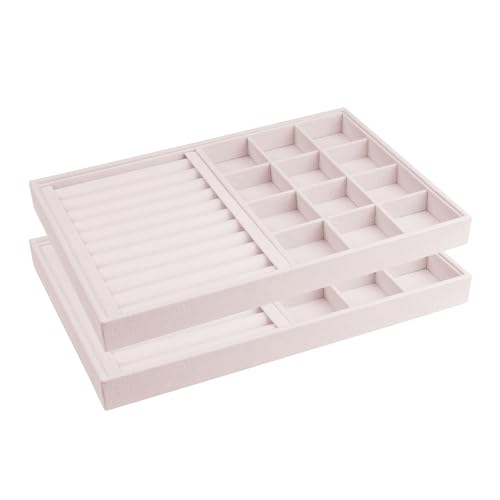 uxcell Set of 2 Stackable Velvet Jewelry Organizer Trays with Removable Dividers for Drawers, Jewelry Organizer Drawer Storage Ring/12 Grid Tray Light Pink