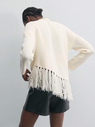 Image of SweatyRocks Women's Long Sleeves Sweater Crew Neck Solid Color Fringe Hem Knitted Pullovers Tops Apricot M