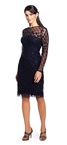 Adrianna Papell Women's Short Fully Beaded Sheath Dress With Long Sleeves, Navy/Black, 14 #TOP4