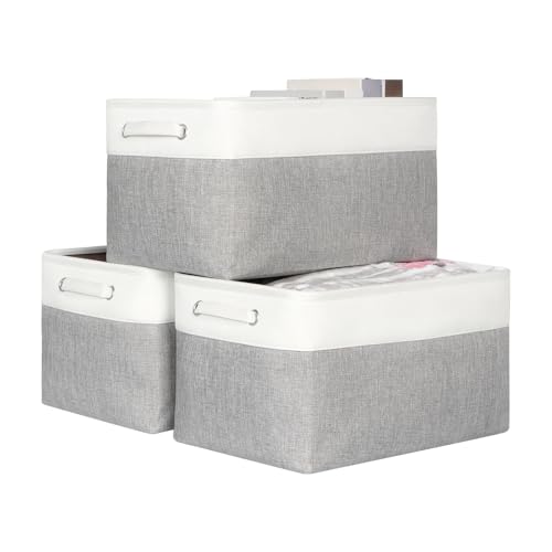 KEEGH Fabric Storage Baskets Set of 3, 17in Storage Boxes for Shelves, Foldable Storage for Hard Bottom Storage, Fabric Basket with Handle, Storage Boxes for Home and Office - White/Grey