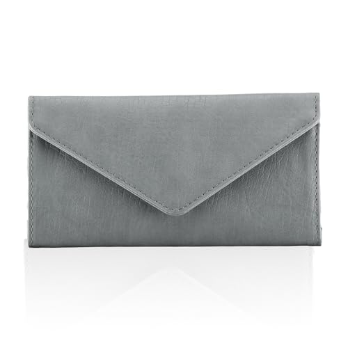 HAWEE RFID Blocking Trifold Wallet for Women and Men, Vegan Leather Ultra Slim Envelope Style Multi-Card Holder with 2 ID Windows, Zippered Coin Pocket, Grey
