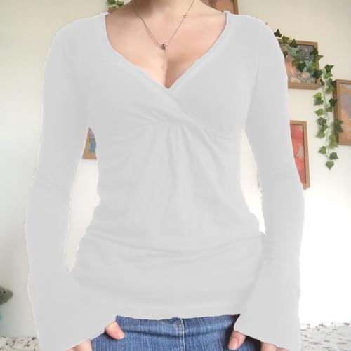 Image of Women Fairy Grunge Aesthetic Shirts Tops Long Sleeve V Neck Tops Girl Basic Slim Fit Blouse Streewear