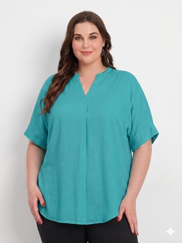 Image of SINDOORI Relaxed Fit Tops for Women Plus Size Solid Printed Mandarin Collar, Band Collar, V-Neck Top, Half Sleeve Loose Fit