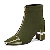 XINIUNIU Women Army Green Booties Block Chunky Heeled Ankle Boots Metal Square Toe Suede Front Zipper 3 Inch Short Boot Dress Size 11