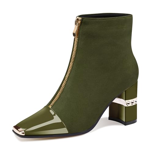 Image of XINIUNIU Women's Ankle Boots Block Chunky Heels Booties Metal Square Toe Suede Front Zipper 3 Inch Short Boot Dress