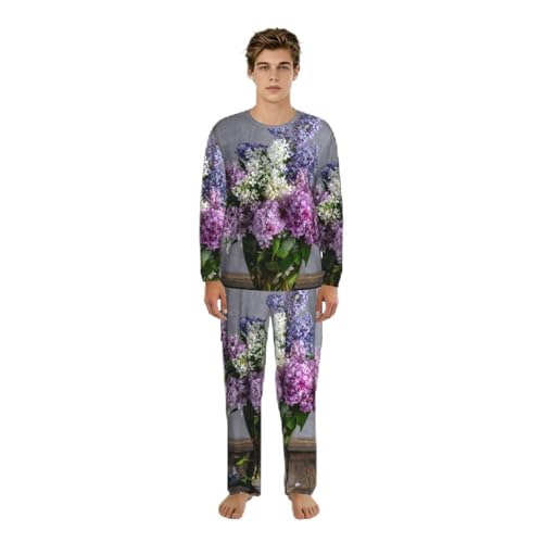 Pyjama long homme imprimé fleurs lilas souple contre la chaleur