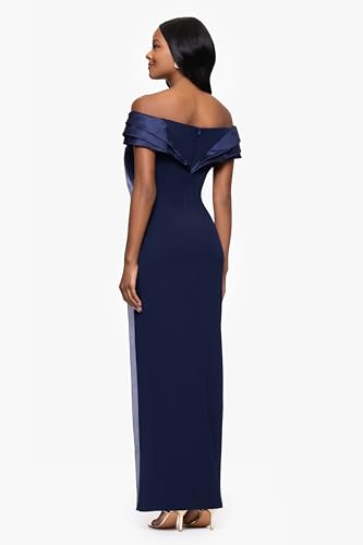 Image of Betsy & Adam Womens Floor-Length, Sleeveless, Sheer Hem, with Fitted Silhouette and Notched Lapel Neckline