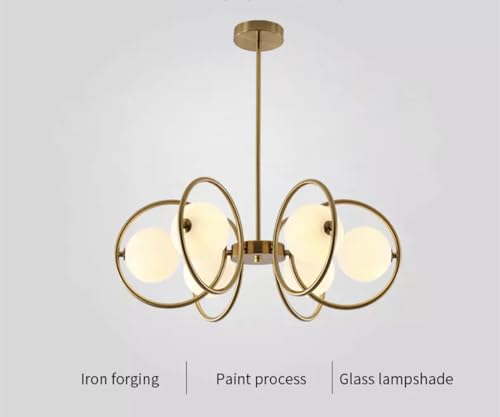Image of WOKE Mid Century Modern 6 Light Chandelier Gold Plating Ceiling Light Contemporary 6 Rings Glass Globe Hanging Ceiling Lamp Interior Bedroom Living Room Kitchen Decor Lighting Fixture