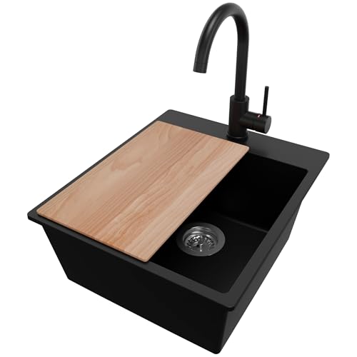 PRIMAGRAN Fregadero Granito Negro 43x50cm, Fregadero Cocina 1 Seno + Sifón + Grifo 32x20cm + Tabla de cortar, Fregadero Granito sobre encimera al mueble 45cm - Riga
