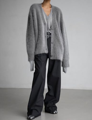 Image of Arssm Womens Fuzzy Cardigan Sweater V Neck Sweaters Fluffy Top