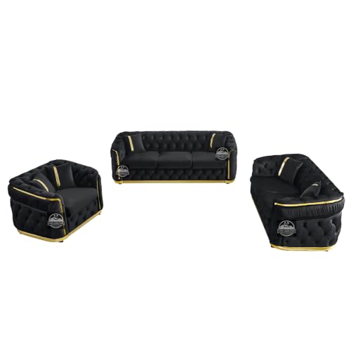 Image of Royal Carved Wooden Sofa Set | 3+1+1 Seater | Antique with Button Tufted Velvet Upholstery | Victorian Style Living Room Furniture Tufted Sofa Set Grey 3-Piece (Design 17)