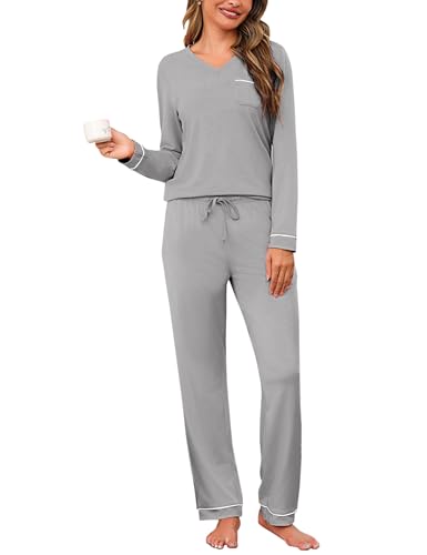 Pyjama femme hiver coton Litherday, ensemble de nuit chaud manches longues et pantalon uni