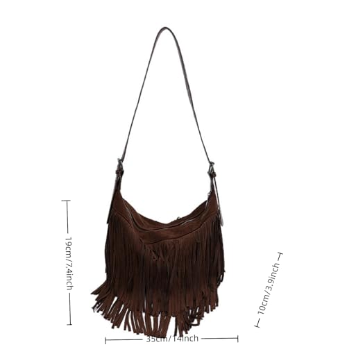 Image of Women Vintage Suede Fringe Hobo Bag Tote Shoulder Bag Crossbody Bag and Hippie Western Cowgirl Purse Shoulder Bag