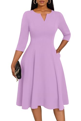 Image of Nmoder Midi Dresses for Women A-Line Fit and Flare Dress 3 /4 Sleeve V Neck Cocktail Wedding Guest Work Dress with Pockets