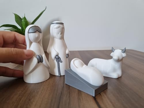 Presépio 3D Minimalista de Natal | 4 peças | Impressão 3D | Decoração Natalina (Branco e Prata)