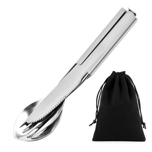 4 Stück Campingbesteck Set, Klassisches Bundeswehr Edelstahl Besteck mit Flaschenöffner Messer Gabel Löffel, Reisebesteck mit Schwarzer Tasche für...