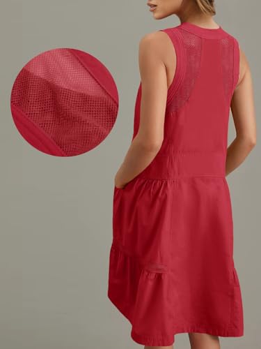 Fisoew Women's Sleeveless Tank Mini Dress Casual Half Zip V Neck Loose Mesh Back Utility Summer Dresses with Pockets3