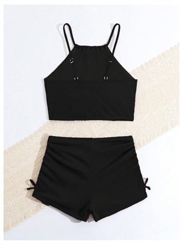 Image of RoseSeek Girl's 2 Piece Swimsuits O Ring Drawstring Sleeveless Cute Bikini Set High Waisted Bathing Suit Black 15Y