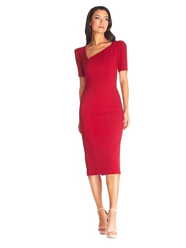 Image of Dress the Population Women's Ruth Short Puff Sleeves Asymmetrical Neckline Bodycon Midi Dress