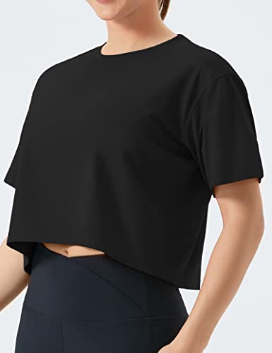 The Gym People Women's Workout Crop Top T-Shirt Short Sleeve Boxy Yoga Running Cropped Basic Tee Black #TOP1