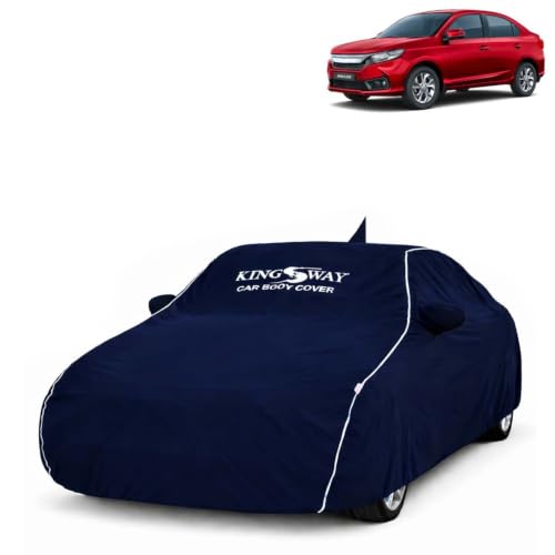 Image of KINGSWAY Super Waterproof Car Cover Only with Honda Amaze (Year 2023 to 2024 - All Model) | Mirror and Antenna Pockets | All Weather Car Body Cover with Silver Piping | Blue