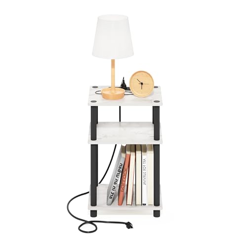 Image of Furinno Just 3-Tier Turn-N-Tube USB and Type-C Charging Port End Table with Open Storage, 11.42 (W) x 8.82 (H) x 6.77 (D) inches, Marble White /Black