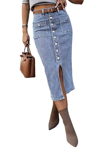 Flamingals Denim Skirt for Women Midi Skirts High Waist Vintage Button Front Stretch Long Jean Skirt Fall Fashion Mid Blue L