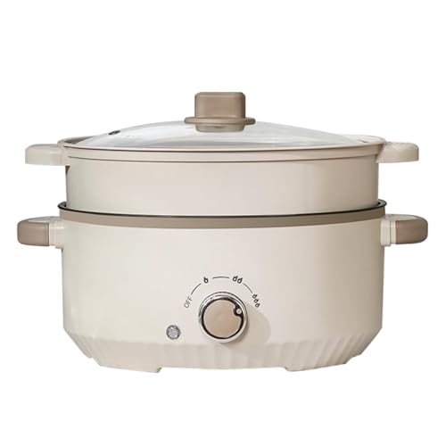 Sumkyle Electric Cooker 3L Non-Stick Sauté Pan Hot Pot Electric with Steamer Multi-functional Cooker for Stir Fry Steak Noodles Soup Soup with Power Adjustment (Cream White)