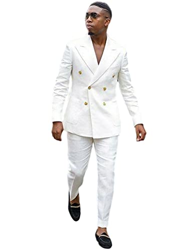 Men's Linen Two Pieces Suit Double Breasted Buttons Peak Lapel Party Dinner Tuxedos