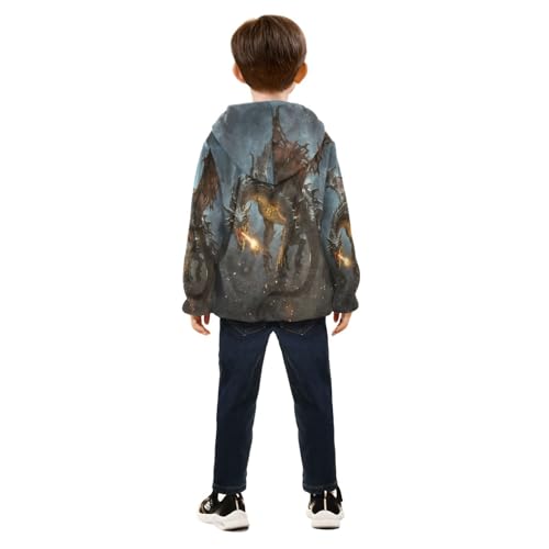 Fierce Dragon Breathes Fire Sky Toddler Fleece Jacket Girl Boys Hooded Fleece Jacket Coat Warm Outwear Zip-up 3-10T4