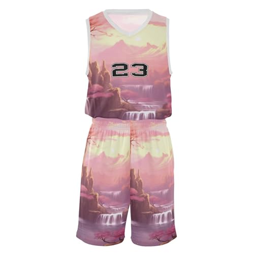 FLildon Pink Landscape Waterfall Boys Basketball Jersey Set Tank Top Shorts Tracksuit Sport Training Suit for Kids