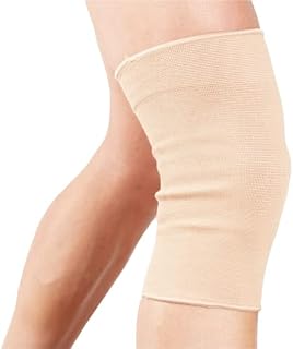 Actesso Elastic Knee Sleeve Support - Lightweight Elasticated Compression Bandage for Joint Pain & Sprains During Exercise & Sport or Post Injury. Left or Right For Both Men & Women (Beige, Small)