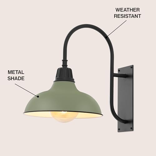 Image of JONATHAN Y 12.25 inch Matte Olive Green /Black 1-Light Farmhouse Gooseneck Outdoor Wall Sconce Lamp, with Black Metal Bowl Shade, Industrial Iron LED Porch Light for Patio Garage Entryway (JYL7614I)