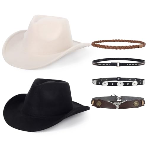 Beorndmy 2 Pack Western Cowboy Hats for Women and Men Classic Felt Wide Brim Costume Cow Boy Hat Roll Up Brim Cowgirl Hat
