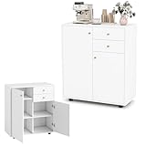 KOMFOTTEU Mobile Dispensa con 2 Cassetti, Credenza da Cucina con 2 Ante, Mobiletto Basso con 3 Ripiani Regolabili, Armadio a Buffet per Sala da Pranzo, Soggiorno, 74x35x85,5 cm(L x P x A) (Bianco)
