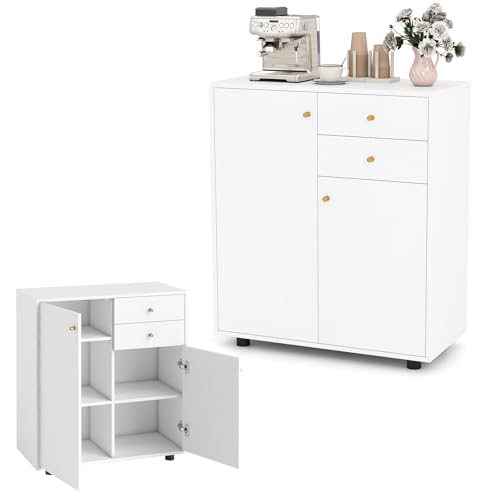 KOMFOTTEU Mobile Dispensa con 2 Cassetti, Credenza da Cucina con 2 Ante, Mobiletto Basso con 3 Ripiani Regolabili, Armadio a Buffet per Sala da Pranzo, Soggiorno, 74x35x85,5 cm(L x P x A) (Bianco)