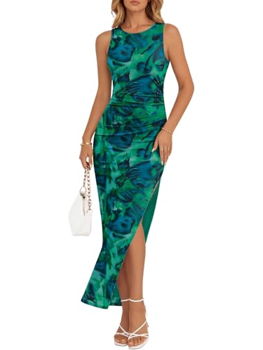 Image of Trendy Queen Bodycon Maxi Dress Womens Sleeveless Floral Print Fitted Party Club Ruched Dresses with Side Slit